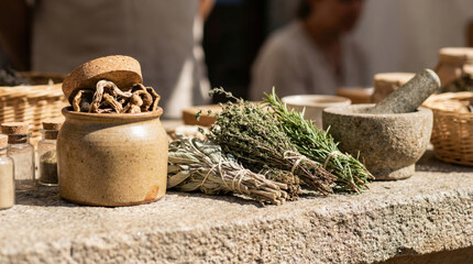 Naklejka premium Dried herbs and mortar sit on a rustic stone market table with ceramic jars and woven baskets suggesting traditional apothecary or culinary preparation. Blurred background provides copyspace for text 