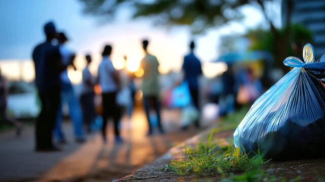 Defocused background of community members standing together after cleanup, focus on the clean environment and soft sunlight, with copy space.