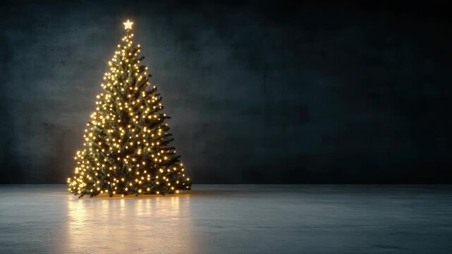 Festive illuminated christmas tree evergreen with warm light string lights star topper serene