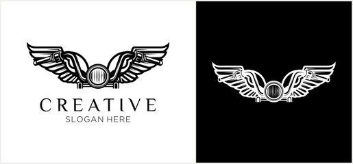 Winged camera lens emblem in bold vintage monochrome style.