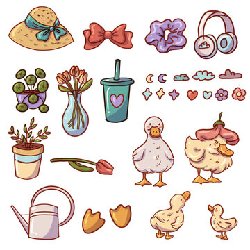 Ilustraci&oacute;n pato animal mascota flor florero planta regadera estrella luna aud&iacute;fonos vaso popote bombilla tulip&aacute;n lazo mo&ntilde;o cinto sombrero tierno cute coquette granja bebe