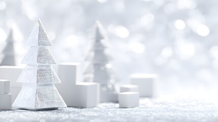 Christmas background with white fir branches and snowflakes. Copy space. Silver christmas balls and snowflakes on white bokeh background. White cloud dencer color.