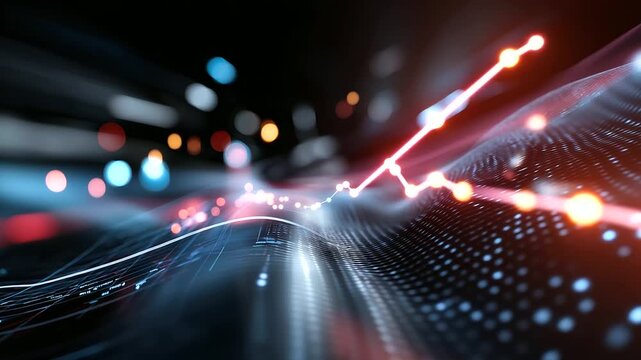 Defocused close-up of digital graphs and binary lines, futuristic corporate data flow, with copy space.