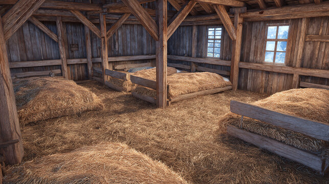 An old barn interior with hay in troughs and windows bringing light in - Powered by Adobe