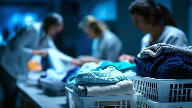 Defocused background of volunteers folding blankets and clothes into boxes, calm blue tones emphasizing compassion, with copy space.