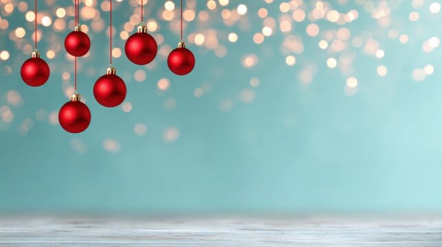 Festive composition with hanging red baubles and glowing lights on turquoise background, ideal for Christmas marketing banners or elegant seasonal social media design