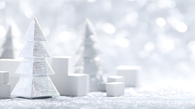 Christmas background with white fir branches and snowflakes. Copy space. Silver christmas balls and snowflakes on white bokeh background. White cloud dencer color.