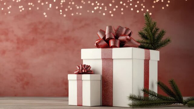 Elegant white gift box with red ribbon and bow under warm string lights cozy festive holiday scene