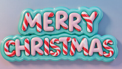 Merry Christmas text in a 3D inflatable candy cane style. Festive holiday greeting with pink and red bubbly letters. Cute typography illustration for seasonal celebration on a blue background.