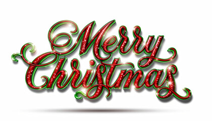 Merry Christmas shiny 3D lettering with red glitter and green trim. Festive holiday typography isolated on a white background. Christmas greeting card element with sparkles and shadow.