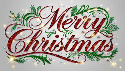 Elegant Merry Christmas greeting with sparkling red glitter calligraphy and green holly leaves. Festive decorative design with shiny sparkles and snowflakes on a light silver background for holidays.