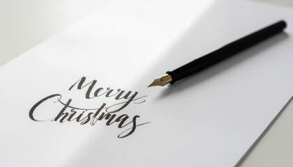 Elegant Merry Christmas message handwritten in black ink calligraphy on white paper. A classic fountain pen with a golden nib rests beside the script, creating a festive holiday greeting card.