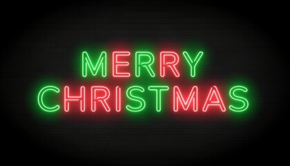 Merry Christmas neon sign with vibrant red and green glowing letters on a dark brick wall background. Festive holiday concept for greeting cards, seasonal advertising, and winter decorations.