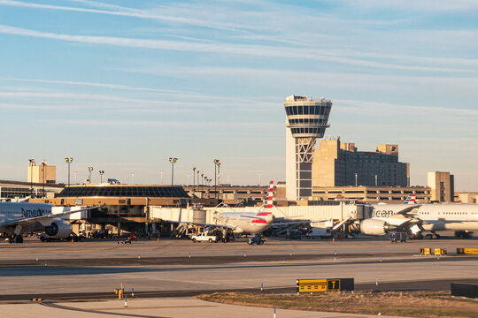 Philadelphia, PA - Dec 3, 2025: The air traffic control tower at Philadelphia International Airport (PHL) is a combined TRACON (radar approach control) and ATCT (visual tower operations) facility.