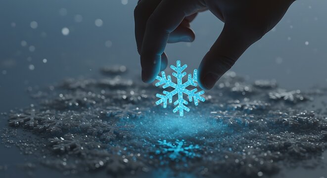Hand selecting glowing blue flake from gray snow pile, differentiation concept