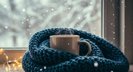Knitted scarf wrapped tea cup on windowsill with frosted glass and winter snow