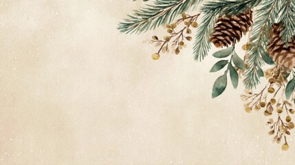 rustic, vintage feel, featuring a top-right corner border of pine cones, evergreen fir branches, and muted winter berries on an aged, textured parchment background. Ideal for holiday greeting cards.