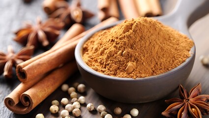 Aromatic ground cinnamon spice in a bowl with sticks, star anise, and white peppercorns on rustic surface
