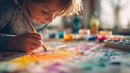 Child Girl Painting with Watercolors and Brush on Colorful Artistic Artwork in Bright Natural Light