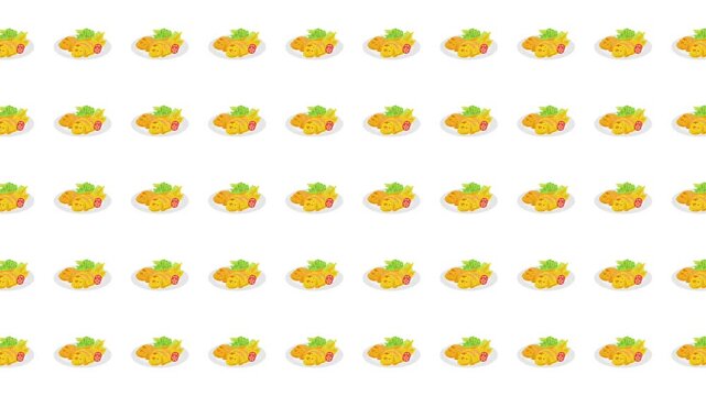 Repeating pattern of tacos on white background suitable for mexican restaurant menus, foodthemed designs, party invitations, and festive print materials.