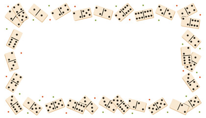 Rectangle frame decorated with fun domino game pieces and tiny dot accents. Bright flat cartoon style adds playful game vibe, perfect for creative design, kids layouts, educational projects.