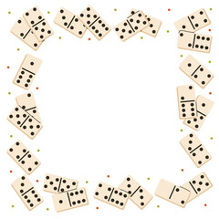 Square frame decorated with fun domino game pieces and tiny dot accents. Bright flat cartoon style creates playful vibe, perfect for kids designs, game projects, creative layouts.