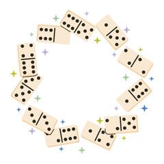 Round frame decorated with fun domino game pieces and tiny star accents. Bright flat cartoon style creates cheerful playful vibe, perfect for kids designs, game layouts, craft projects.