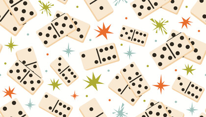 Seamless pattern with fun domino game pieces, funky stars and tiny dot accents in random order. Bright flat cartoon style adds playful vibe ideal for kids design, game layouts, craft projects.
