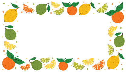 Rectangle frame of citrus fruits including lemon, orange, lime with green leaves, wedges and tiny dot accents. Bright flat cartoon style perfect for summer design, healthy food themes, backgrounds.