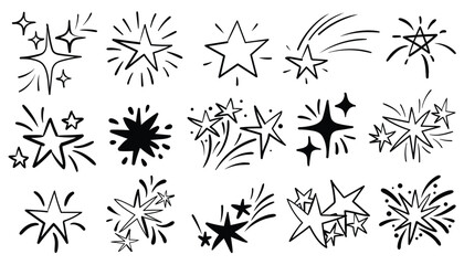 Set of hand drawn doodle stars and fireworks compositions. Star spark  element graphics. Simple playful sketch style adds festive charm, perfect for greeting cards, party designs, holiday decor.