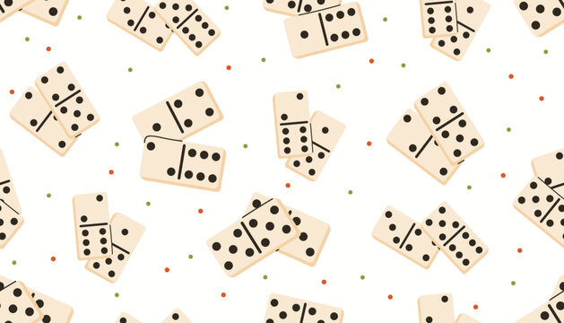 Seamless pattern with fun domino game pieces and tiny dot accents in random order. Bright flat cartoon style creates playful design ideal for kids projects, game layouts, craft accents.