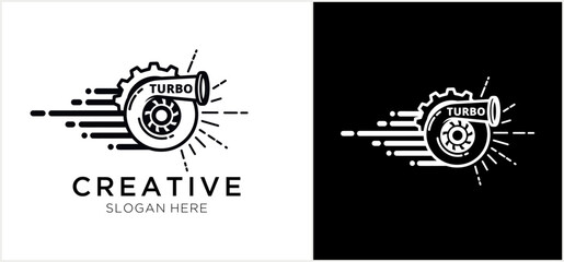 Turbocharger gear symbol with speed lines in monochrome style.