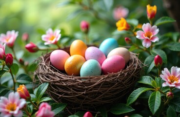 Colorful eggs in a nest surrounded by pink garden flowers and green foliage