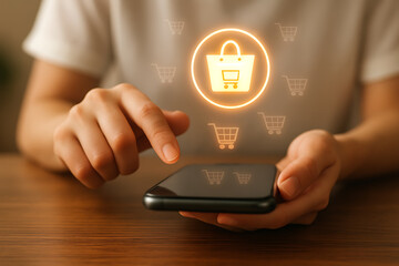 Hand using smartphone with digital shopping cart icon representing modern online shopping and ecommerce technology interface at wooden table