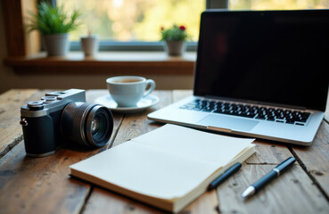Desk setup featuring camera, notebook, and laptop on a wooden table by window