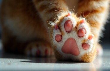 Close-up of cat paw pads with soft pink pads and ginger fur details in sunlight