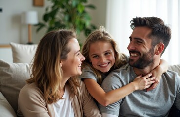 Obraz premium Family laughing together on couch with daughter embracing both parents