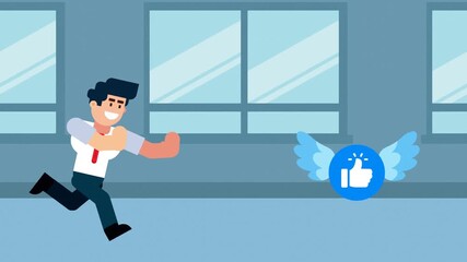 A businessman runs after a flying like or thumbs up icon with wings, symbolizing the pursuit of positive feedback, approval, success, and achievement in business, set in an office background.


