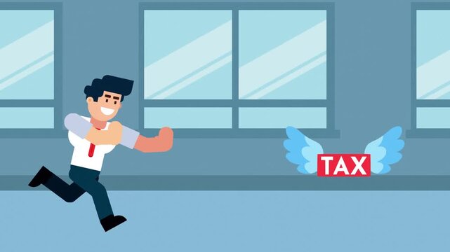 A businessman runs after a flying "TAX" icon with wings, symbolizing the pursuit or challenge of dealing with taxes, financial obligations, or deadlines in a business environment, set in an office bac