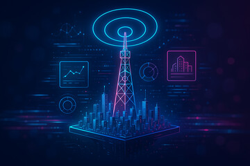 Neon glowing communication tower transmitting 5G wireless signals into futuristic city skyline surrounded by charts graphs and digital technology data visuals