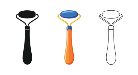 Three facial roller illustrations in different styles and color schemes