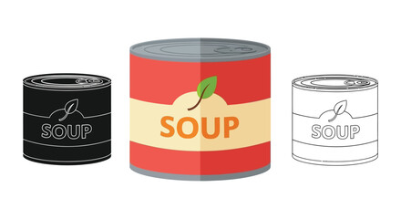 Three variations of a soup can colored black and white line art