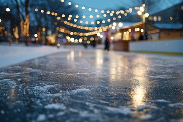 Evening ice rink with snowflakes and festive lights