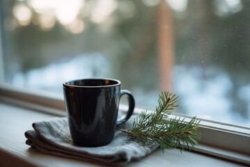 Black coffee mug by a winter window