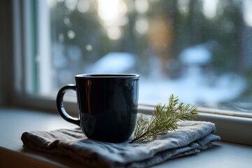 Black coffee mug on winter windowsill