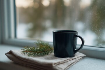 Black mug on windowsill with pine branch