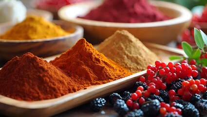 Colorful powdered spices with fresh red currants and blackberries, showcasing vibrant natural culinary ingredients.