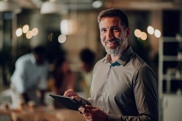 Experienced businessman smiling while using digital tablet