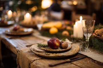 Rustic holiday table setting with candlelight