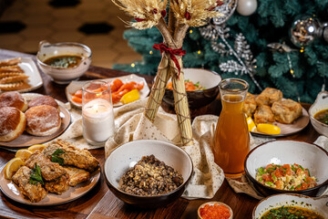 Traditional Ukrainian Sviata Vecheria festive dinner table